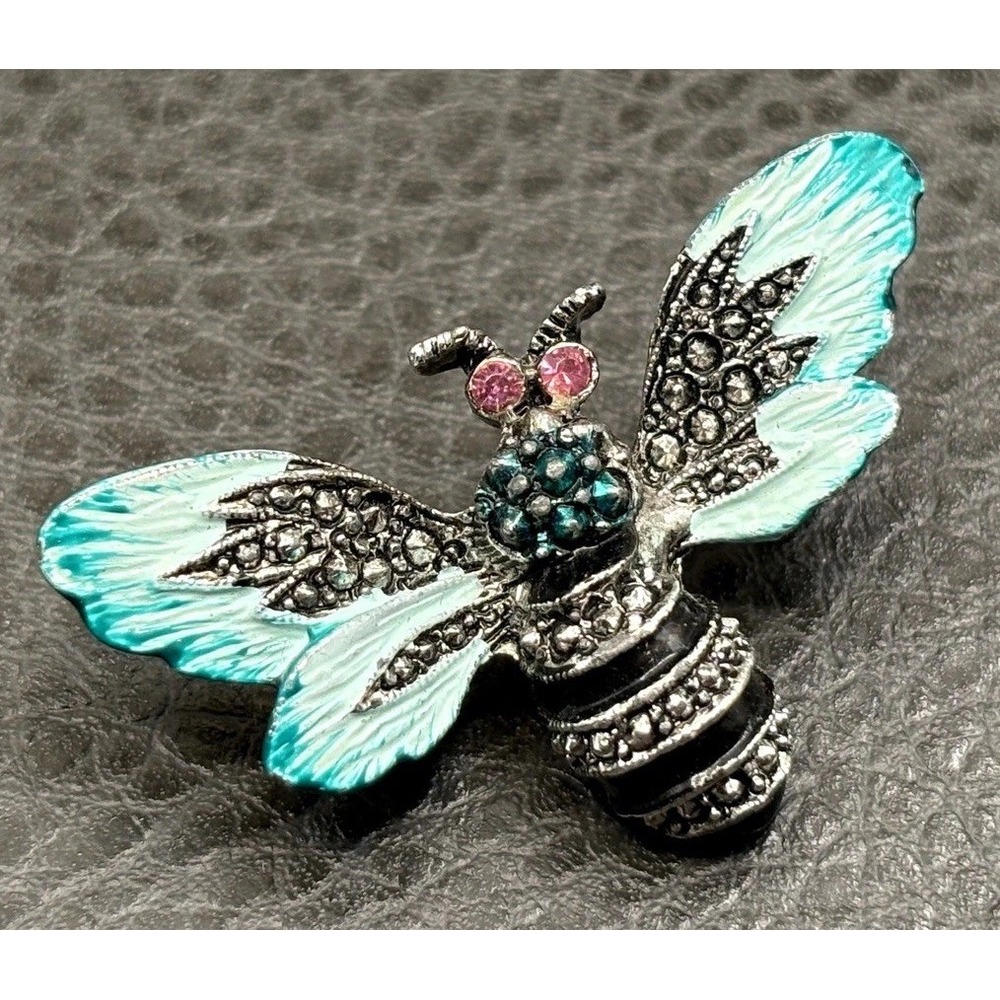 VTG Bee Insect Brooch Marcasite Deco Style Turquoise Enamel Pink Rhinestone READ